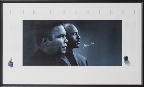 Muhammad Ali Autographed Muhammd Ali/ Michael Jordan "The Greatest" Framed 41 x 25 Print (PSA/DNA) 